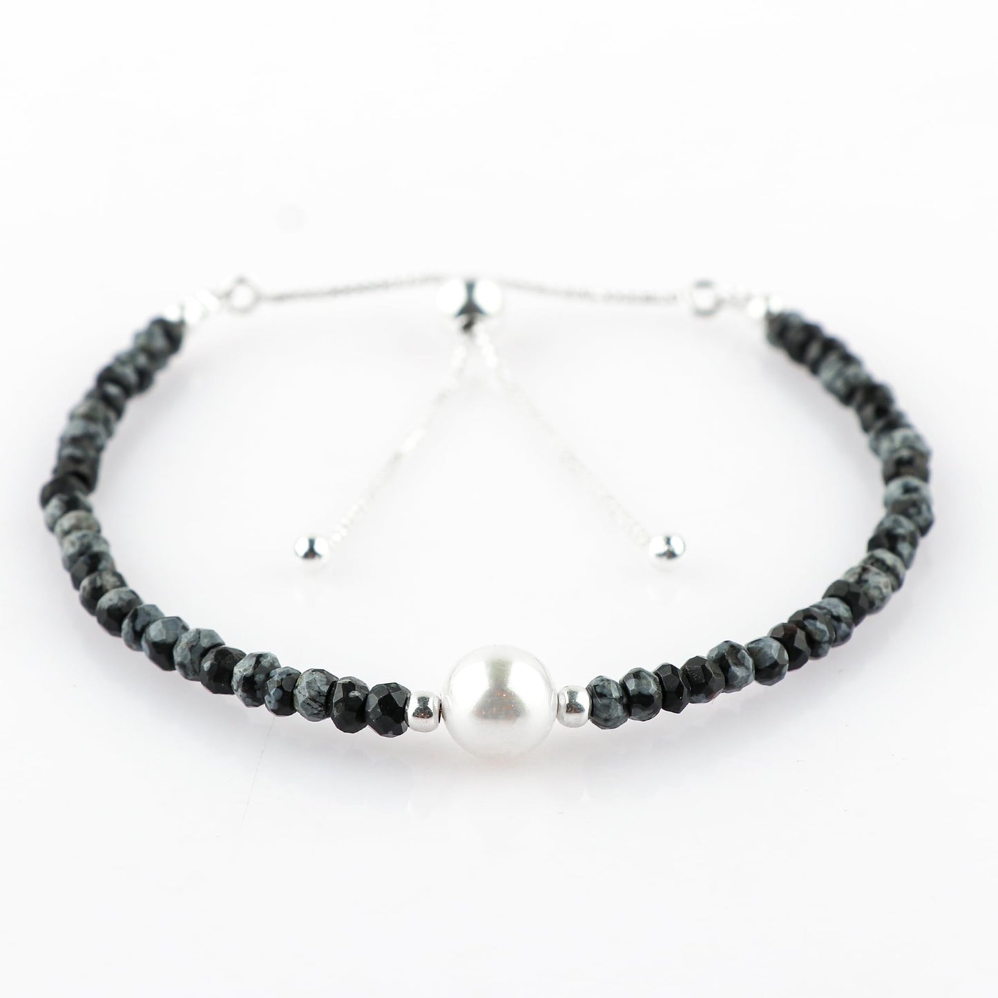 CRYSTALINES Natural Snowflake Obsidian Gemstones Bolo Bracelet | Cultured Pearl Beads | Handmade Beaded Jewelry | Adjustable Silver Chain | Healing Crystal | Gift for Women | 10inch