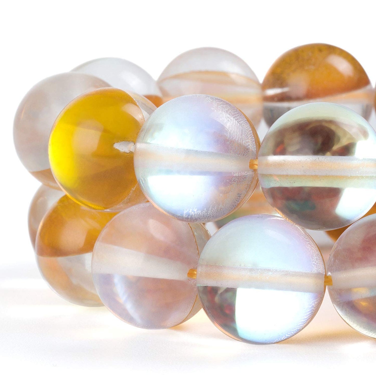 RUBYCA Round Moonstone Crystal Glass Beads Aura Iridescent for Jewelry Making (1 Strand, 10mm, Gold)