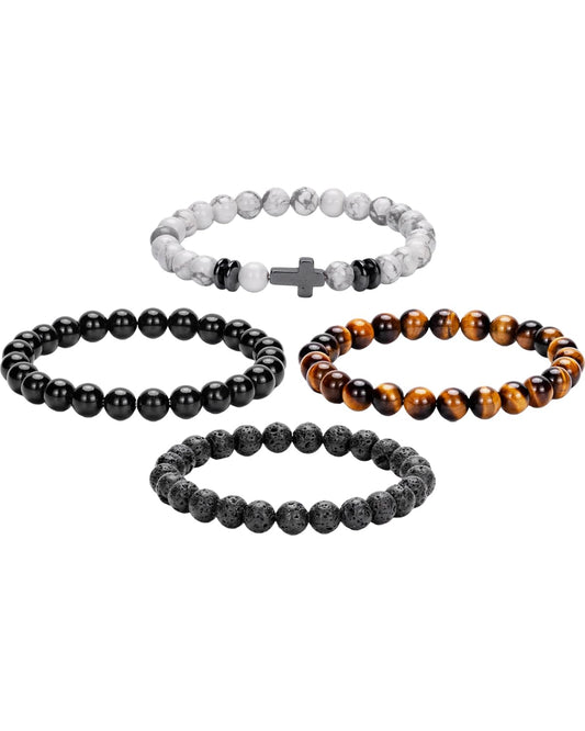 Crystery Men Beaded Bracelets, 8mm Natural Stone Bracelet, Healing Crystal, Jewelry Gifts for men, Triple Protection, Howlite, Tiger Eye, Black Obsidian Beads Bracelets, Lava Rock, Pack of 4