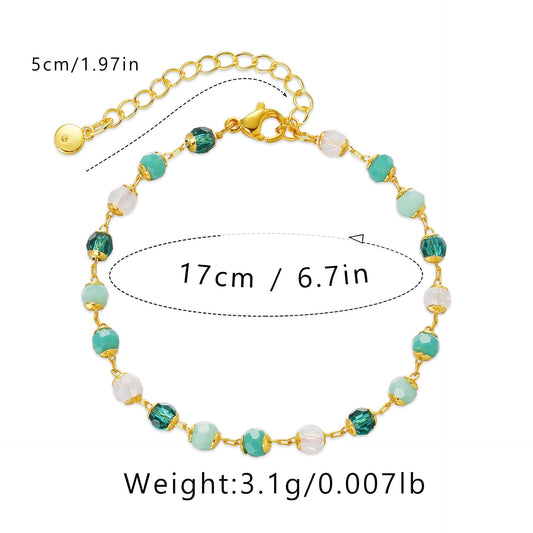 LSxAB Dainty Green Bracelet for Women Adjustable 18K Teal Gold Plated Simple Curb Figaro Chain Statement Mom Wife Birthday Anniversary