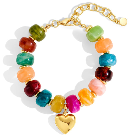 FAUTHENTICUTE Colorful Beaded Bracelets for Women Chunky Rainbow Resin Bead Strand With A Cute Gold Heart Charm Trendy Summer Beach Bracelet Boho Y2k Jewelry Gift