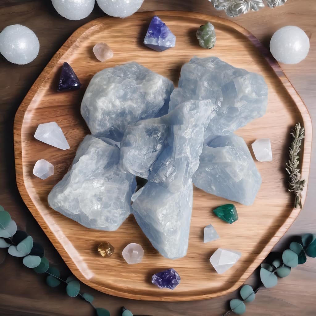 Luckeeper 1 lb Blue Calcite Bulk Raw Crystals and Healing Stones Quartz for Tumbling, Wire Wrapping, Wicca Reiki,Meditation