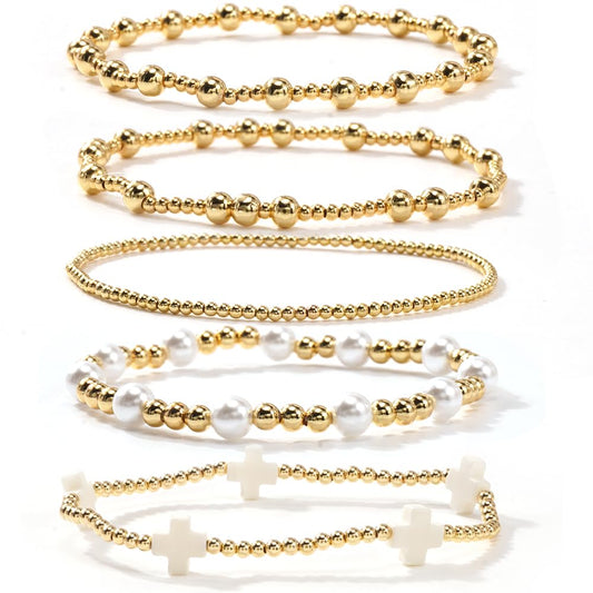 Dainty 14K Gold Beaded Cross Bracelet Stack for Women,Bohemian Stretch Pearl Gold Plated Ball Beads Non Tarnish Stackable Bracelets Set Fashion Prom Holiday Accessories Jewelry Gift Friendship