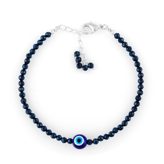 CRYSTALINES Natural Blue Sapphire Gemstone Bracelet, Faceted Crystals Beads Stones, Handmade Hypoallergenic Boho Jewelry for Women, Silver Plated, Birthday Evil Eye Gift for Her, 8inch