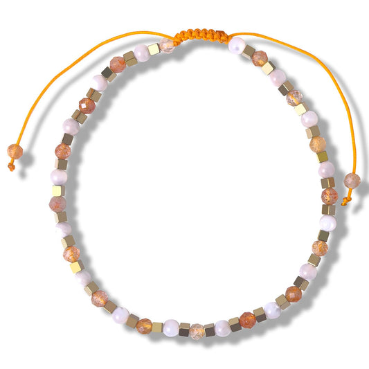 BEADSENER Sunstone Feldspar Adjustable Charming Bracelet for Women, 3mm Natural Shell Gemstone Hematite Stone Beads, Pull String Slider Metal Free Design Waterproof, Gift for Her Daily Wear