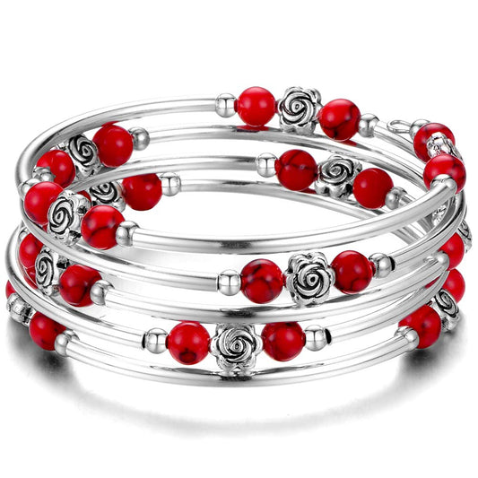 BULINLIN Wrap Bangle Rose Bead Bracelet - Beaded Bracelet with Natural Agate Stone Gifts For Women(01-Red turquoise)