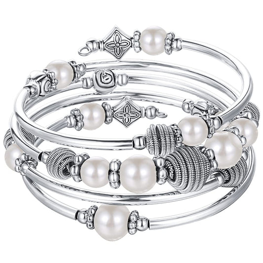 Beaded Chakra Bangle Turquoise Bracelet - Fashion Jewelry Wrap Bracelet with Thick Silver Metal and Mala Beads, Birthday Gifts For Women(White Pearl)