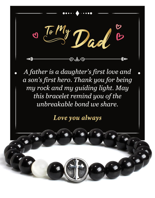 Landorilo Gifts for Men, 8mm Cross Natural Stone Beaded Bracelets, Black Tourmaline Healing Bracelet, Handmade Mens Jewelry Gift for Him, Husband, Son, Father, Friend(Happy Birthday-7.5in)