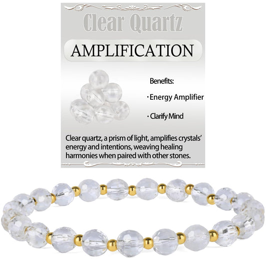 QOGIR Clear Quartz - Amplification - 14K Gold Plated Beads Natural Gemstone Stretch Elastic Dainty Healing Beaded Bracelets Gifts 6mm