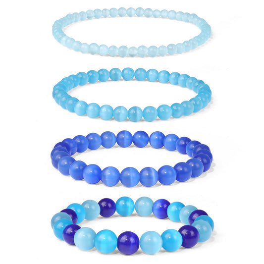 Vinswet 4pcs Natural Stone Beaded Bracelets for Women Men,Healing Crystal Gemstones Stretch Bracelet,4mm 6mm 8mm 10mm Light blue cat eyes Anxiety Stress Relief Bracelet Jewelry Gifts