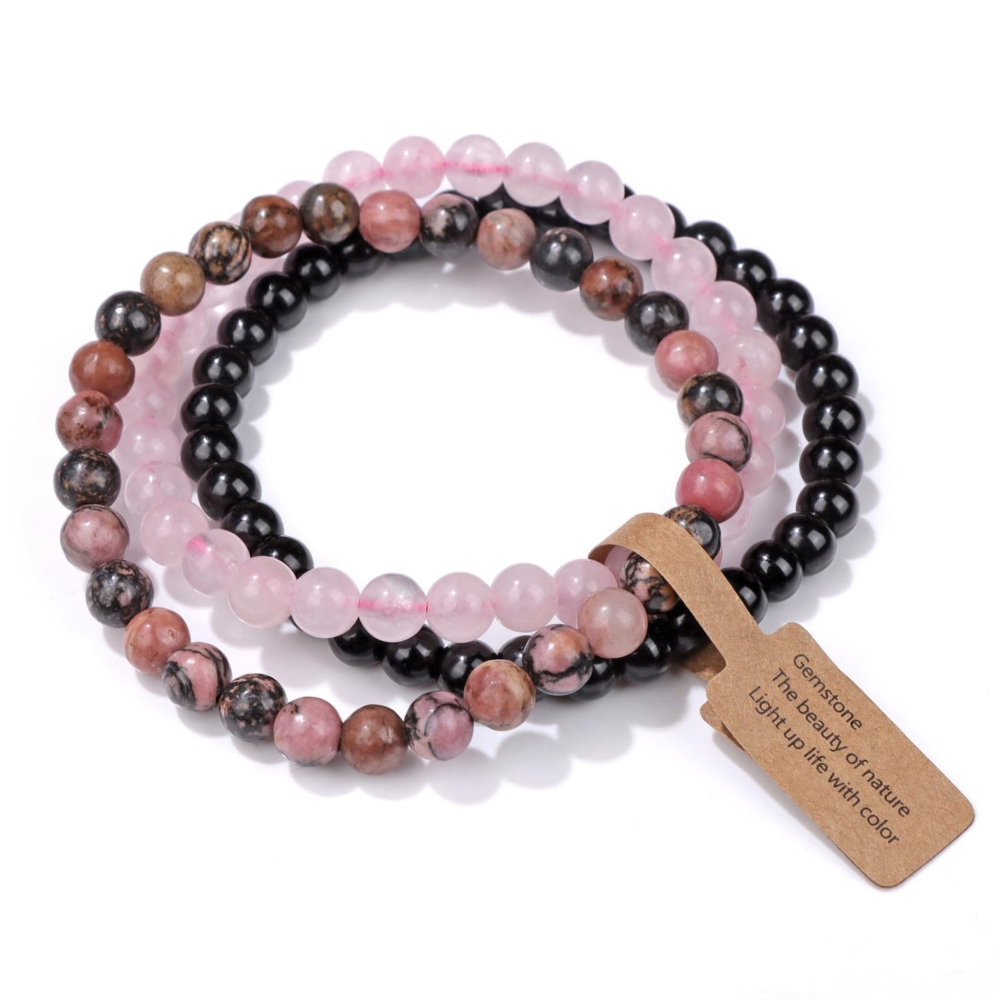 Risyfjew 3 PCS Healing Crystal Bracelets Women 6mm Natural Stone Beaded Stretch Bracelet Pink Zebra Jasper Jewelry Gifts