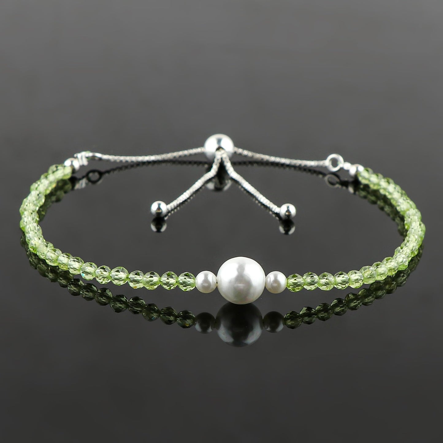 CRYSTALINES Natural Peridot Gemstone Bolo Bracelet, Cultured Pearl Beads Stones, Handmade Hypoallergenic Boho Jewelry for Women, Healing Crystals, Silver Plated 6+4inch, August Birthday Gift