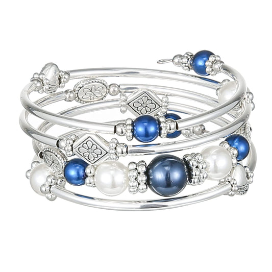 FULU AUTUMN Beaded Pearl Bangle Bracelets for Women Silver Wrap Bangles Bracelet Womens Costume Jewelry Fashion Gift(18-Blue)