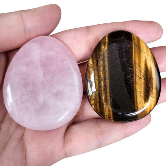 Loveliome Rose Quartz and Tiger's Eye Thumb Worry Stone, Stress Relax Healing Reiki Crystal Pocket Palm Stones,Pack of 2