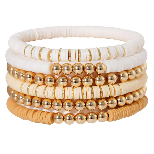 GOOJIDS Surfer Heishi Clay Bead Bracelets for Women Bohemian Stackable Gold Plated Beaded Stretch Bracelets Elastic Layering Friendship Bracelets Set Boho Jewelry