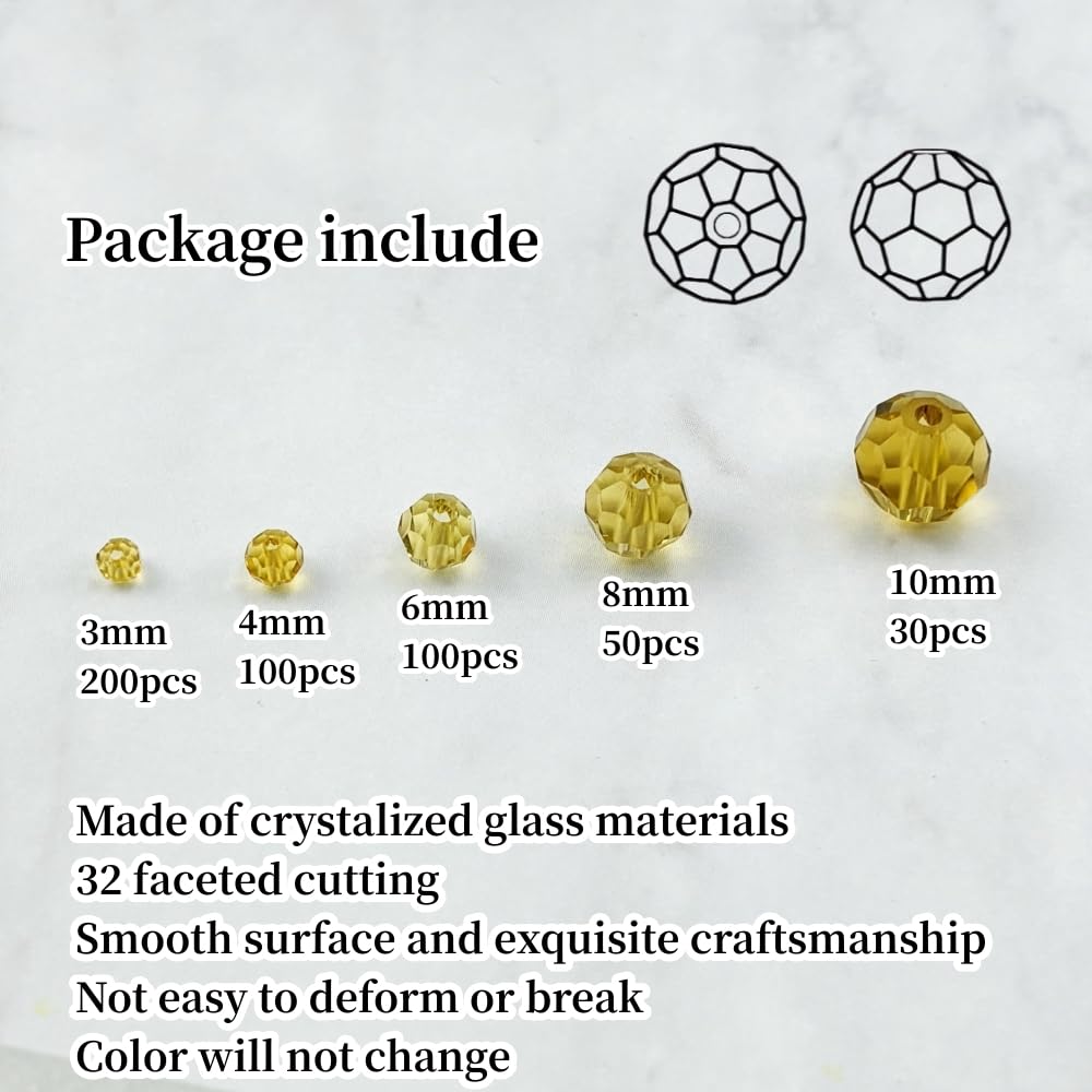 Honkoolly 480pcs Crystal Glass Beads 3mm 4mm 6mm 8mm 10mm Round Faceted Glass Spacer Beads for Bracelets Necklace Earring DIY Jewelry Making Craft(Light Yellow)
