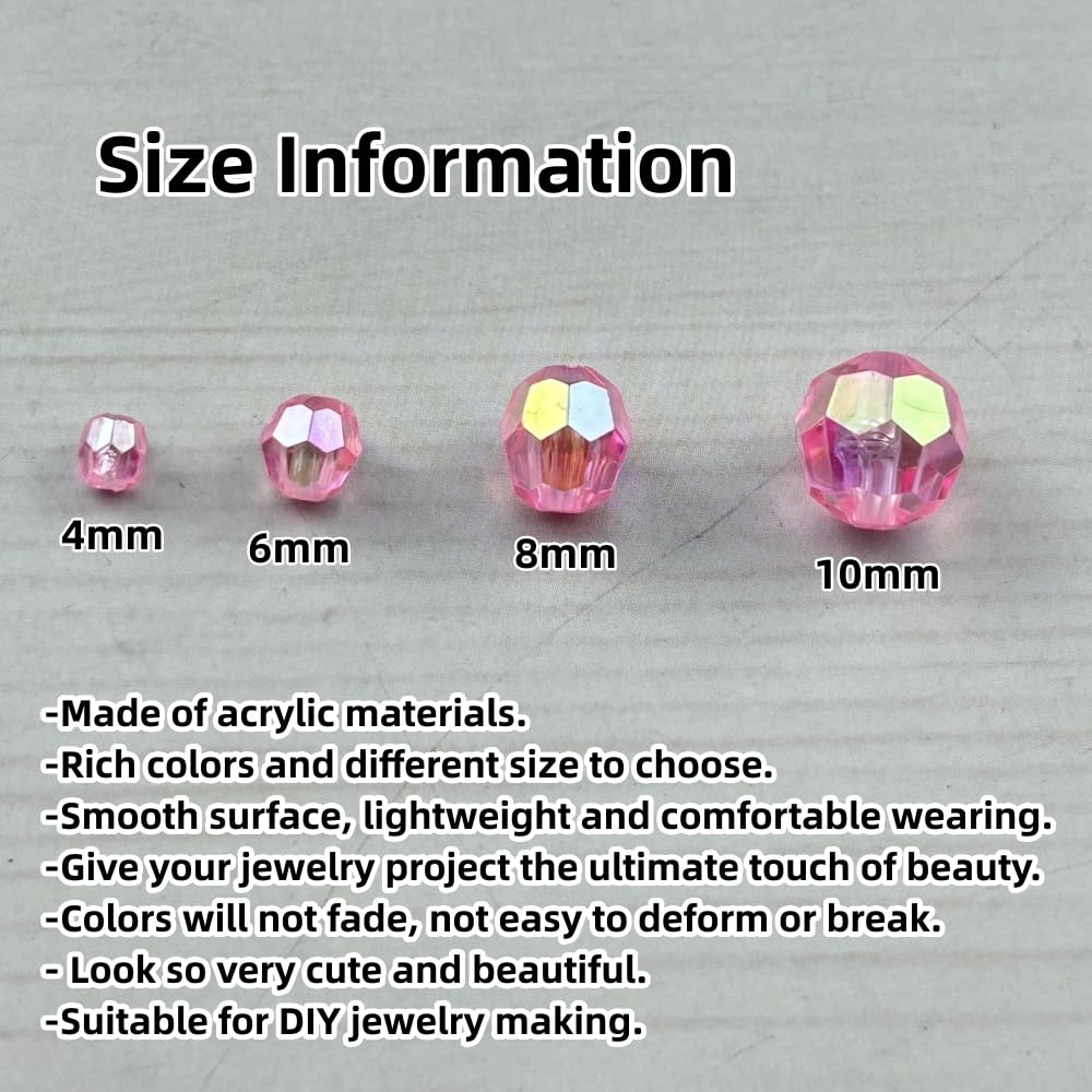 Pinhoollgo 1800pcs Acrylic Faceted Round Beads 4mm 6mm 8mm 10mm AB Colors Glossy Acrylic Round Spacer Beads with Hole for DIY Bracelet Necklace Jewelry Making Supplies Handmade Craft(Dark Pink AB)