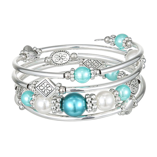 FULU AUTUMN Beaded Pearl Bangle Bracelets for Women Silver Wrap Bangles Bracelet Womens Costume Jewelry Fashion Gift(18-Sea green)