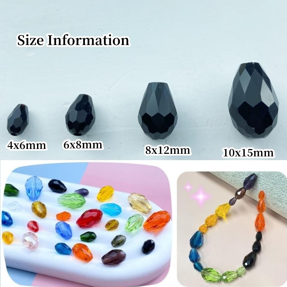 Honkoolly 130pcs 6x8mm Teardrop Crystal Glass Beads Vertical Hole Faceted Glass Teardrop Spacer Beads for Bracelets Necklace Earring DIY Jewelry Making Craft(Black)