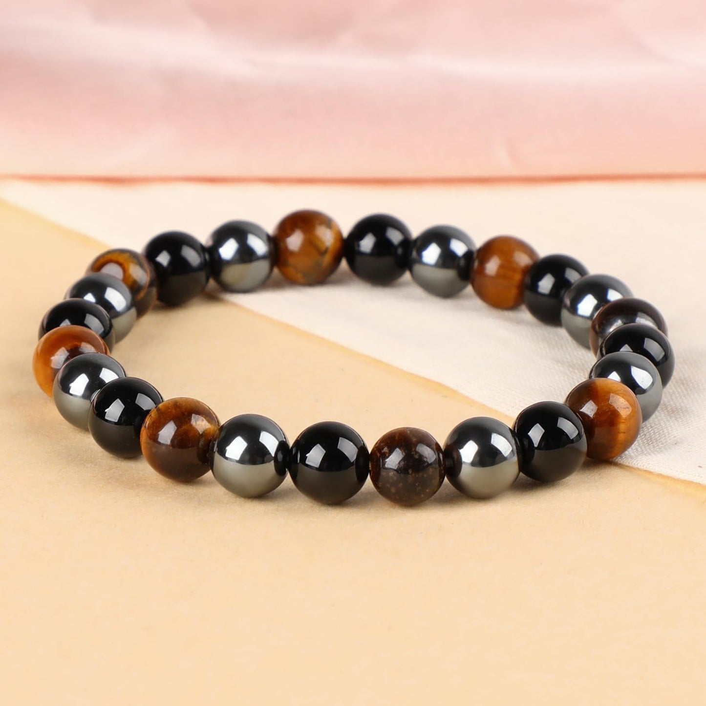 LPBeads Handmade Natural Gemstone Stretch Elastic 8mm Onyx Tiger Hematite Mixed Stone Bracelet Healing Crystal Round Stone Beads Jewelry Gifts for Women Men