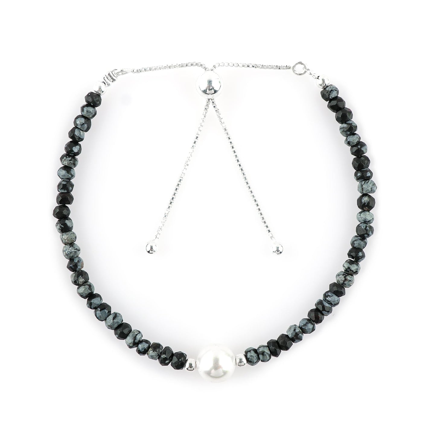 CRYSTALINES Natural Snowflake Obsidian Gemstones Bolo Bracelet | Cultured Pearl Beads | Handmade Beaded Jewelry | Adjustable Silver Chain | Healing Crystal | Gift for Women | 10inch
