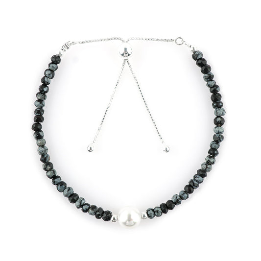 CRYSTALINES Natural Snowflake Obsidian Gemstones Bolo Bracelet | Cultured Pearl Beads | Handmade Beaded Jewelry | Adjustable Silver Chain | Healing Crystal | Gift for Women | 10inch