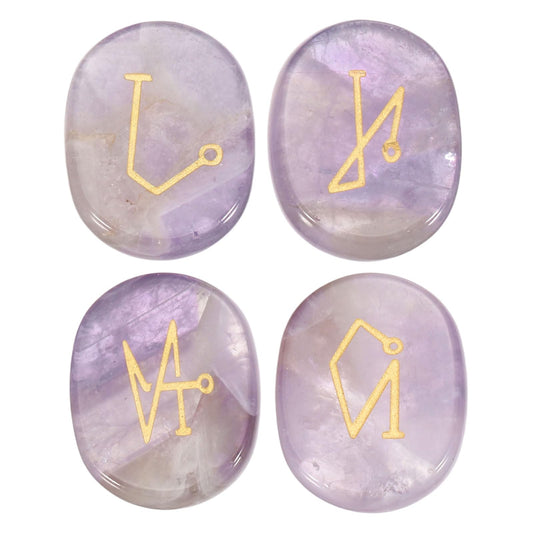 MECCANIXITY 4Pcs Engraved Chakra Stones with Reiki Symbols, Amethyst Reiki Healing Crystal Gemstone 7 Chakra Crystal Stones Tumbled Palm Stone for Anxiety Relieve