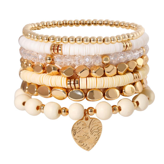 GOOJIDS Surfer Heishi Clay Bead Bracelets for Women Bohemian Stackable Gold Plated Beaded Stretch Bracelets Elastic Layering Friendship Bracelets Set Boho Jewelry