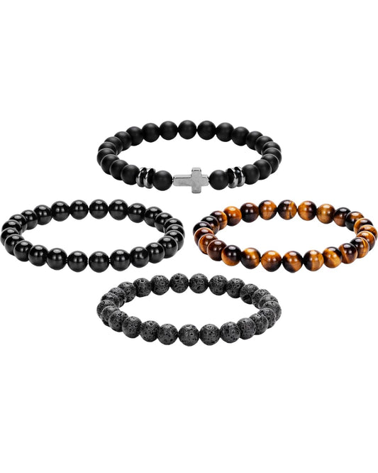 Crystery Men Beaded Bracelets, 8mm Natural Stone Bracelet, Healing Crystal, Jewelry Gifts for men, Triple Protection, Black Onyx, Tiger Eye, Black Obsidian Beads Bracelets, Lava Rock, Pack of 4