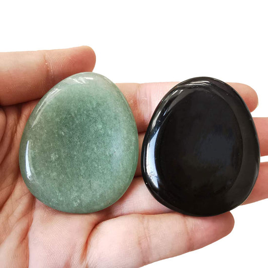 Loveliome Thumb Worry Stone, Stress Relax Healing Reiki Crystal Pocket Palm Stones, Black Obsidian w Green Aventurine, Pack of 2