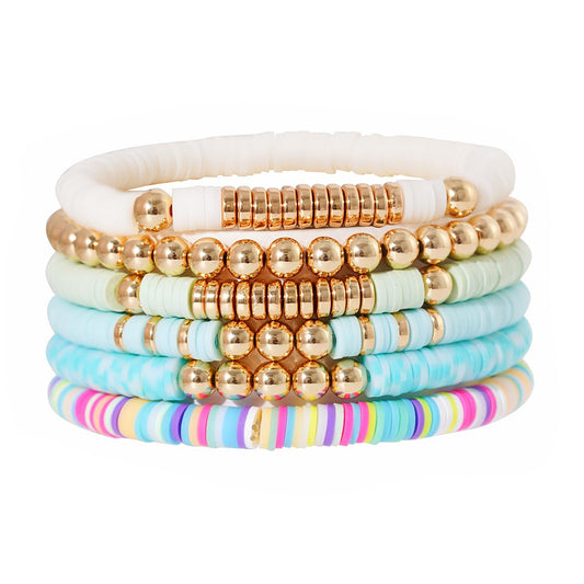 GOOJIDS Surfer Heishi Clay Bead Bracelets for Women Bohemian Stackable Gold Plated Beaded Stretch Bracelets Elastic Layering Friendship Bracelets Set Boho Jewelry