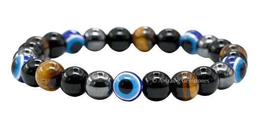 Amazing Gemstone Ultimate Triple Protection Bracelets for Men Women, Evil Eye Bracelet for Protection, Tiger Eye Bracelet, Hematite, Black Obsidian Mens Bracelet, Bad Energy Protection