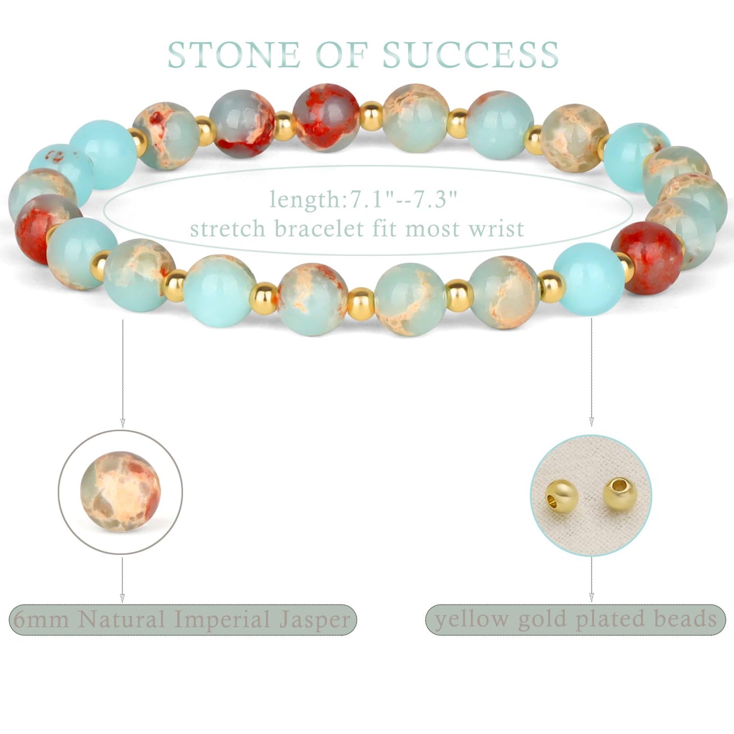 QOGIR Imperial Jasper - Stone of Success - Stainless Silver Beads Natural Gemstone Stretch Elastic Dainty Healing Beaded Bracelets Gifts 6mm