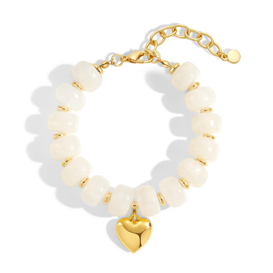 ENSKEFEN White Beaded Heart Bracelets for Women Trendy Chunky Cream Beige Resin Beads Bracelet Summer Boho Statement Heart Charm Bracelet Jewelry