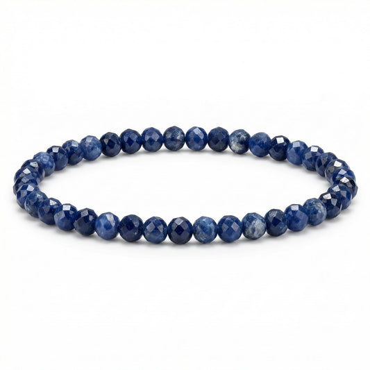 Angelstones Natural Blue Sodalite Gemstone Small Beaded Stretch Bracelet, 4mm Faceted Round Beads, Crystal Healing Bracelet for Women