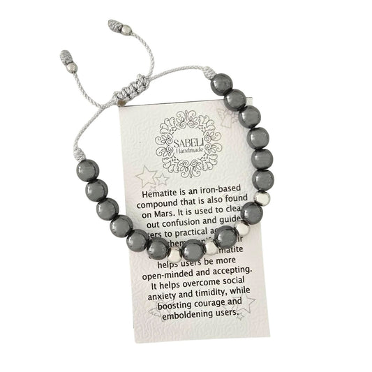 Sabeli Handmade Bracelets Real Natural Stones Healing Protection Focus 8mm Bead Adjustable Macrame Women Men Gemstone Gift (Hematite)