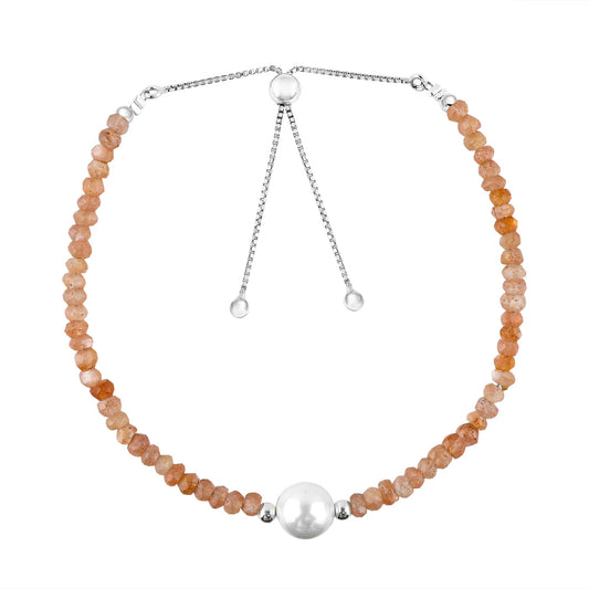CRYSTALINES Natural Peach Moonstone Gemstone Bolo Bracelet & Pearl, Faceted Beads Stones, Handmade Boho Hypoallergenic Jewelry, Healing Crystals, Silver Chain 6+4inch, June Birthstone Gifts