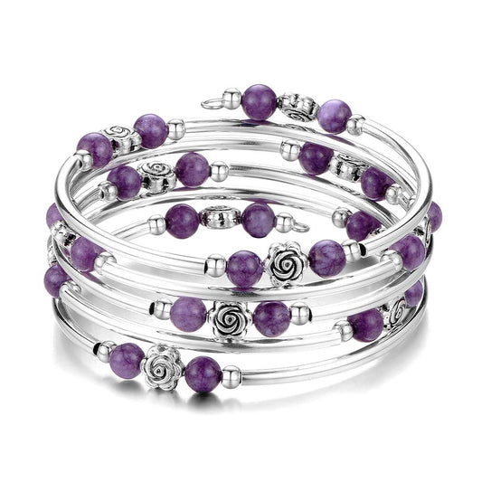 BULINLIN Wrap Bangle Rose Bead Bracelet - Beaded Bracelet with Natural Agate Stone Gifts For Women(01-Purple stone)