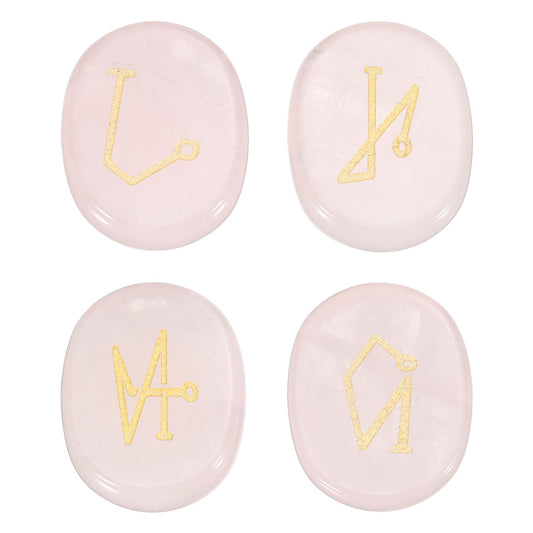 MECCANIXITY 4Pcs Engraved Chakra Stones with Reiki Symbols, Rose Quartz Reiki Healing Crystal Gemstone 7 Chakra Crystal Stones Tumbled Palm Stone for Anxiety Relieve