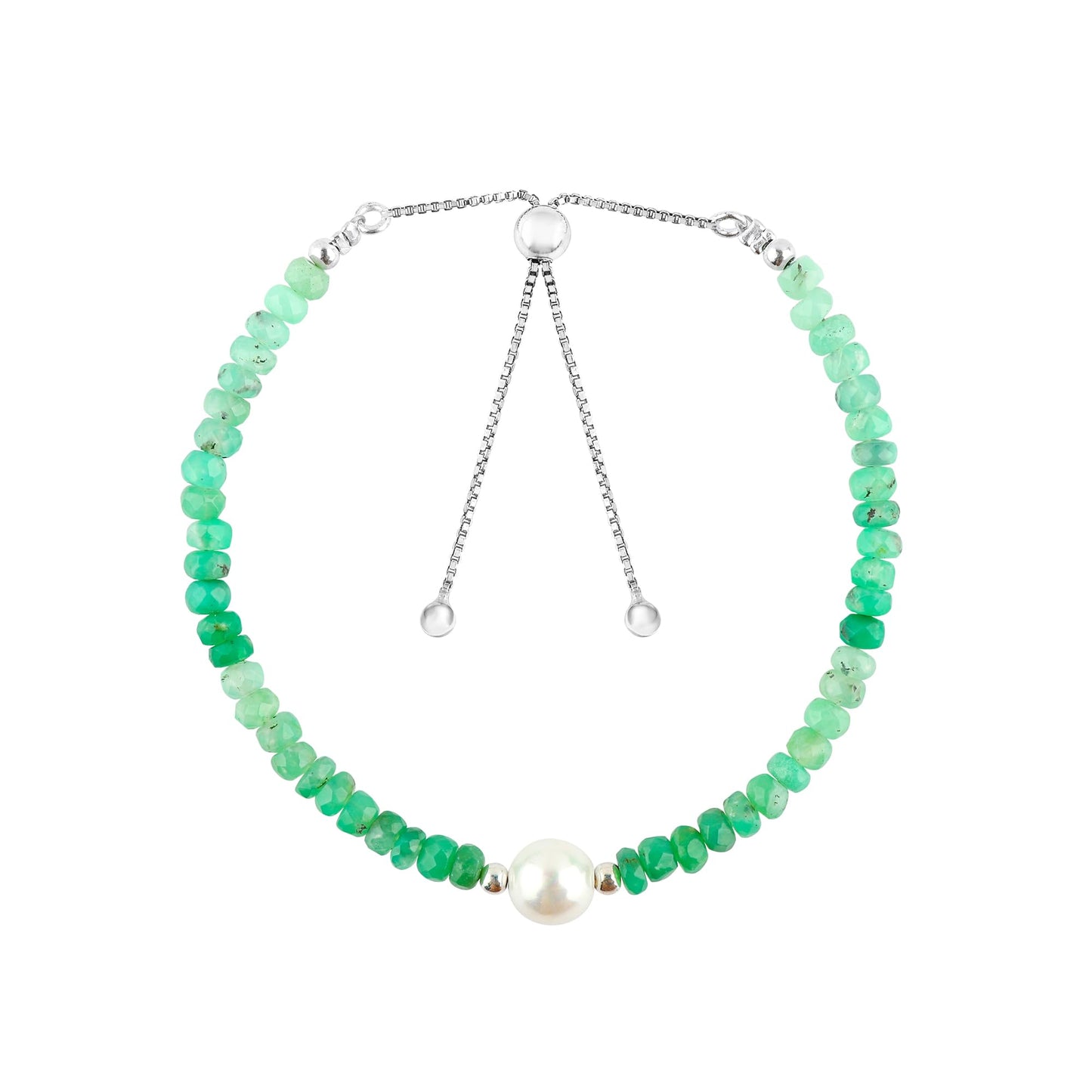 CRYSTALINES Natural Chrysoprase Gemstone Bolo Bracelet with Cultured Pearl, Handmade Boho Jewelry, Healing Crystals, Faceted Stones, Silver Plated Slider, Christmas Gift for Women, 10inch
