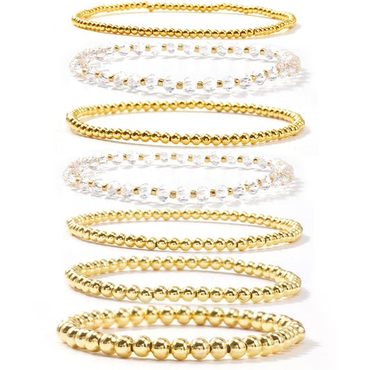 Dainty Gold Beaded Bracelet Stack for Women,Bohemia Stretch White Glass Beads Non Tarnish Stackable Bracelets Set Fashion Prom Party Holiday Accessories Jewelry Gift Friendship