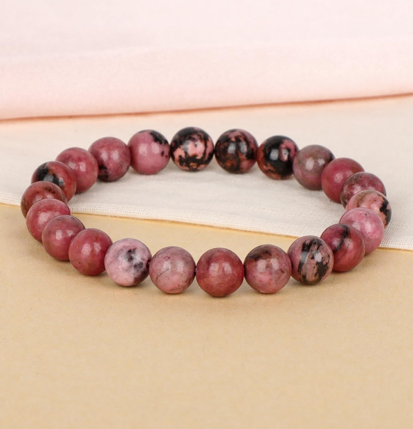 LPBeads Handmade Natural Gemstone Stretch Elastic 8mm Pink Black Rhodonite Bracelet Healing Crystal Round Stone Beads Jewelry Gifts for Women Men