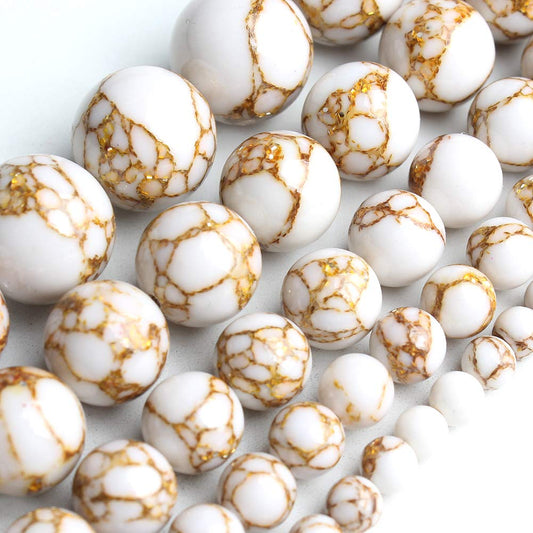 NITOPUPU 10mm 37pcs White Howlite Spun Gold Natural Stone Beads for Jewelry Making Supplies, Round Crystal Beads for Bracelets Necklace DIY Crafts