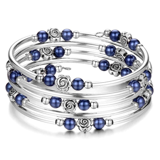 BULINLIN Wrap Bangle Rose Bead Bracelet - Beaded Bracelet with Natural Agate Stone Gifts For Women(01-Navy blue pearl)