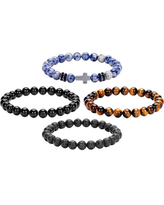 Crystery Men Beaded Bracelets, 8mm Natural Stone Bracelet, Healing Crystal, Jewelry Gifts for men, Triple Protection, Blue Spot Stone, Tiger Eye, Black Obsidian Beads Bracelets, Lava Rock, Pack of 4