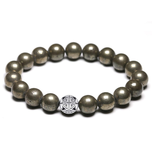 MetJakt Healing Crystals Beaded Bracelets for Womens Natural Gemstone 8mm Beads Stretch Bracelets with 925 Sterling Silver Double Happiness Pendant (Pyrite)
