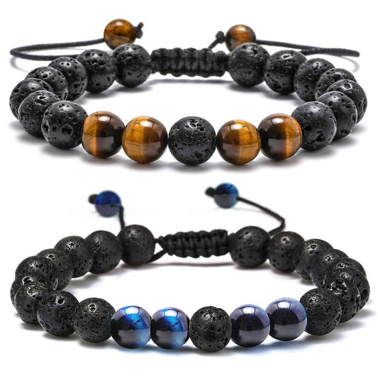 M MOOHAM Bracelets for Men Gifts - Beaded Lava Rock Tiger Eye Black Adjustable Bracelets for Mens Jewelry Gift