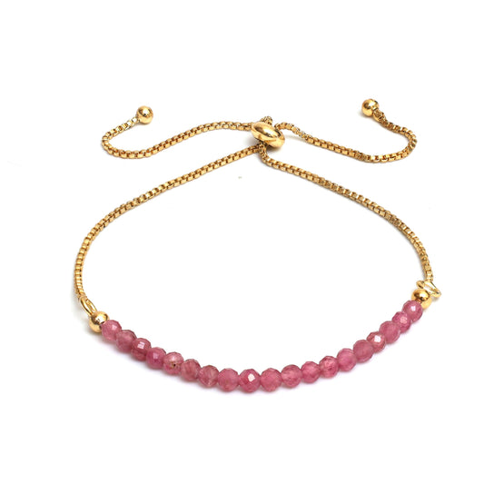 Gempires Birthstone Bracelet, Pink Tourmaline Beaded Bracelet, October Birthstone Jewelry, Bolo Beads Bracelet, Gift for Her, 14k Gold Plated Chain (6-9 inch Adjustable Length)