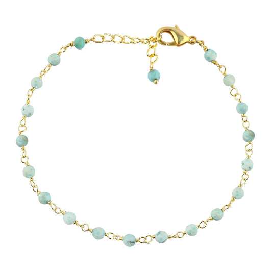 CRYSTALINES Natural Sky-Blue Larimar Gemstones Bracelet Handmade Hypoallergenic Gold Plated Jewelry for Women Healing Crystals Microfaceted Beads Rosary Chain Boho Birthday Bracelet, 7+1inch