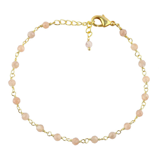 CRYSTALINES Natural Peach Moonstone Gemstone Cluster Bracelet, 14K Gold Plated Rosary Chain Beads, Handmade Bohemian Jewelry for Women, Healing Crystals, Birthday Christmas Gift, 8"